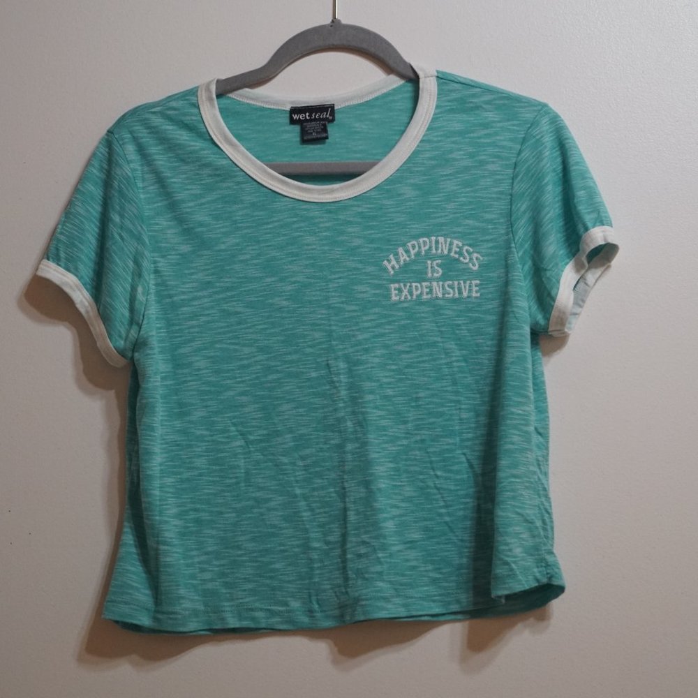 White and Teal Wet Seal Crop Tee